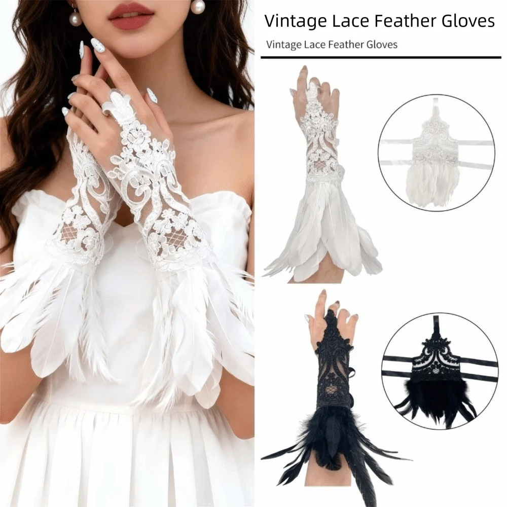 Creative Witch Halloween Feather Gloves Embroidery Lace Women Feather Lace Gloves Dark Fingerless Halloween Wristband Carnival