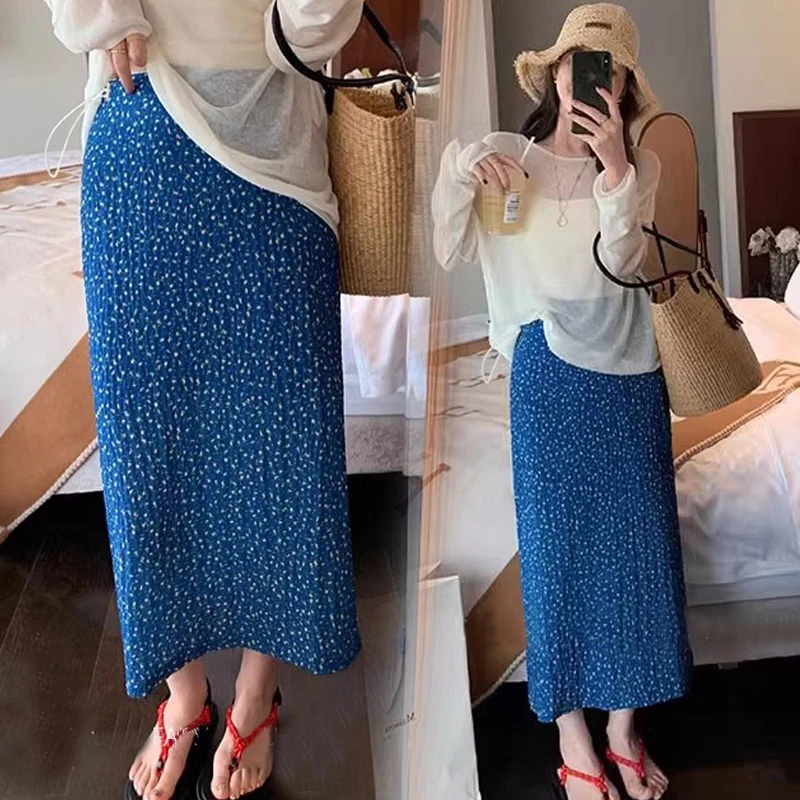 woman-midi-skirts-blue-summer-maternity-floral-skirt-back-split-drawstring-waist-pregnant