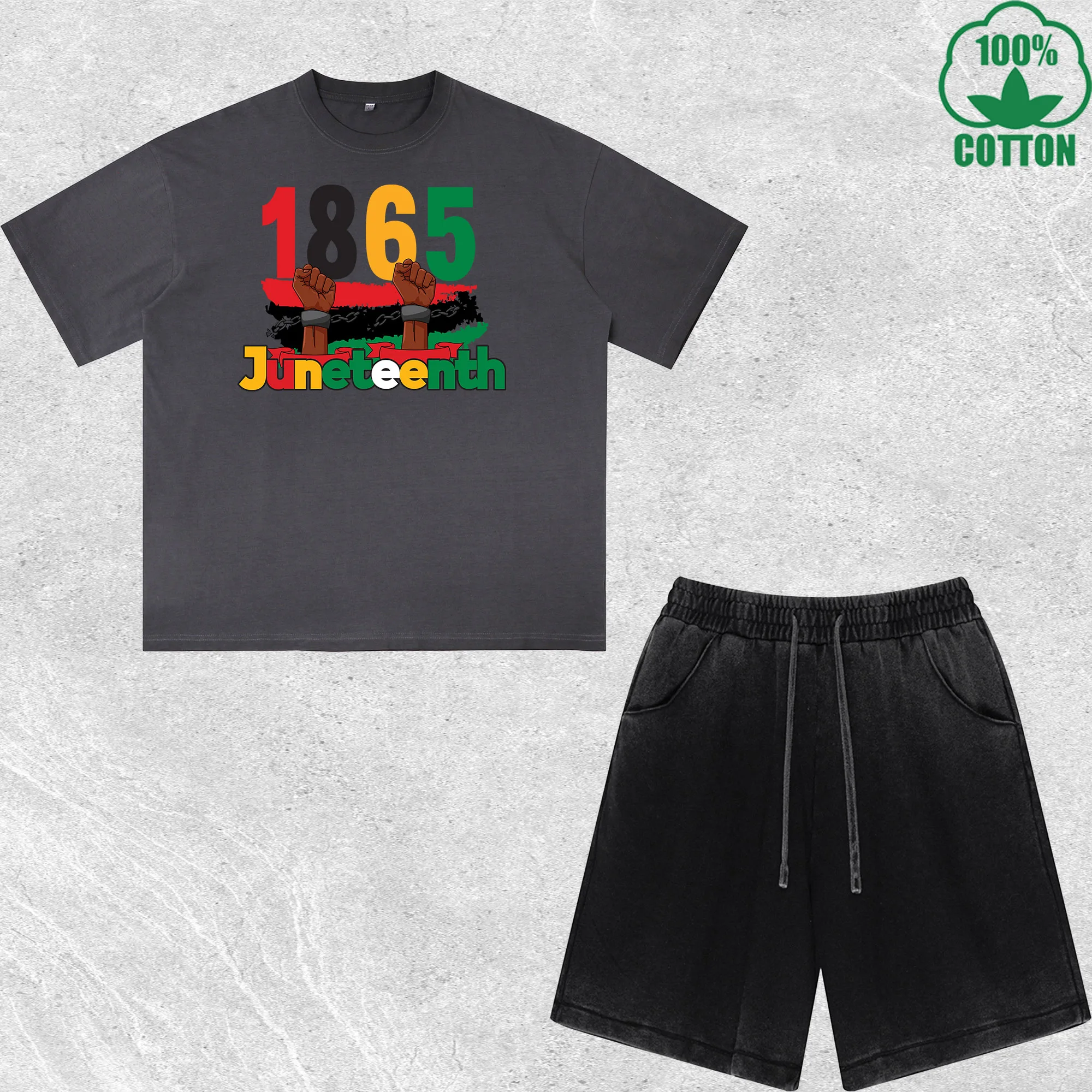 

Juneteenth 1865 Printed Dirty Wash T-Shirt Shorts Set Multicolor Combo Loose Trendy Fashionable 100%Cotton Short Value Pack