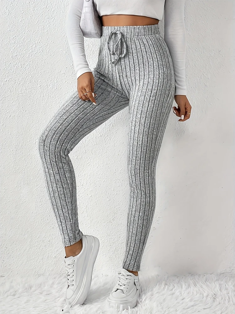 Casual Solid Color Drawstring Stripe Women Leggings Autumn Elastic Slim-fitting Sports Legging Grey Daily Woman Fashion Clothing