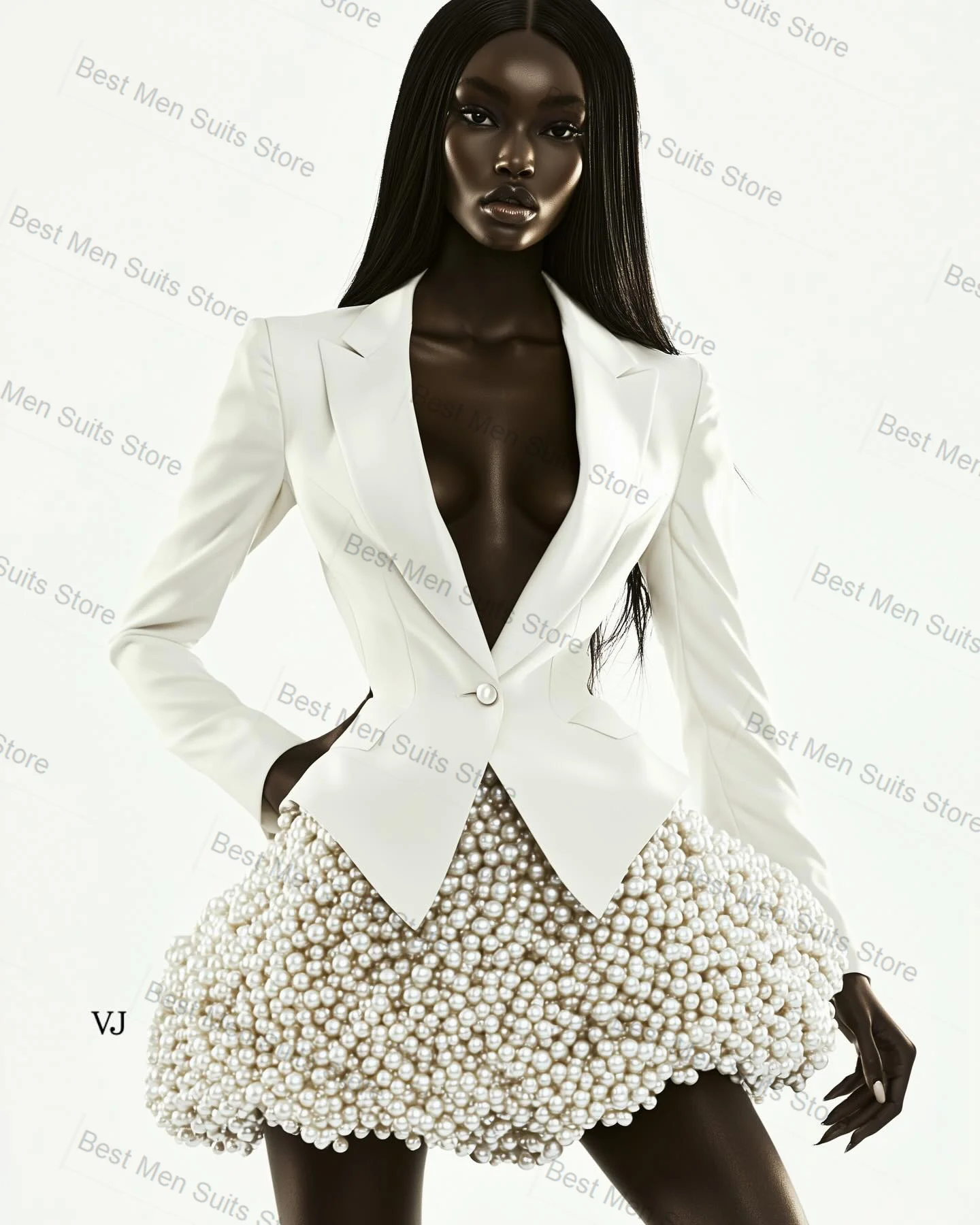 White Women Suit Set 2 Pcs Blazer+Prom Dress Luxury Pearls Formal Office Jacket Customized Wedding Guest Coat(No Back Pearls)