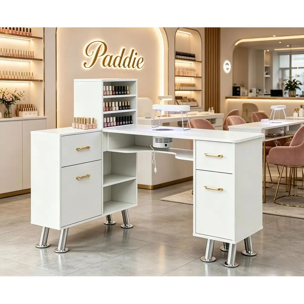 

White L-Shaped Nail Station with Storage, Dust Collector, Cabinets, Metal Handles & Legs