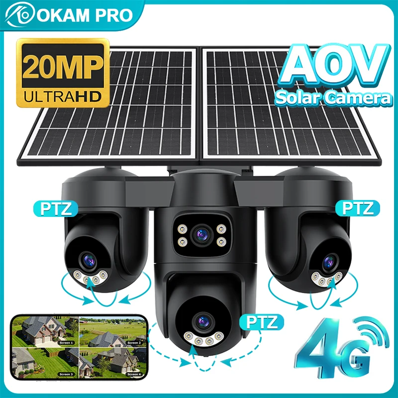 

OKAM PRO APP Solar Camera 4 Lens HD 20MP 4G Security Camera Night Vision 16000 MAh Battery Mobile Tracking Waterproof PTZ CCTV