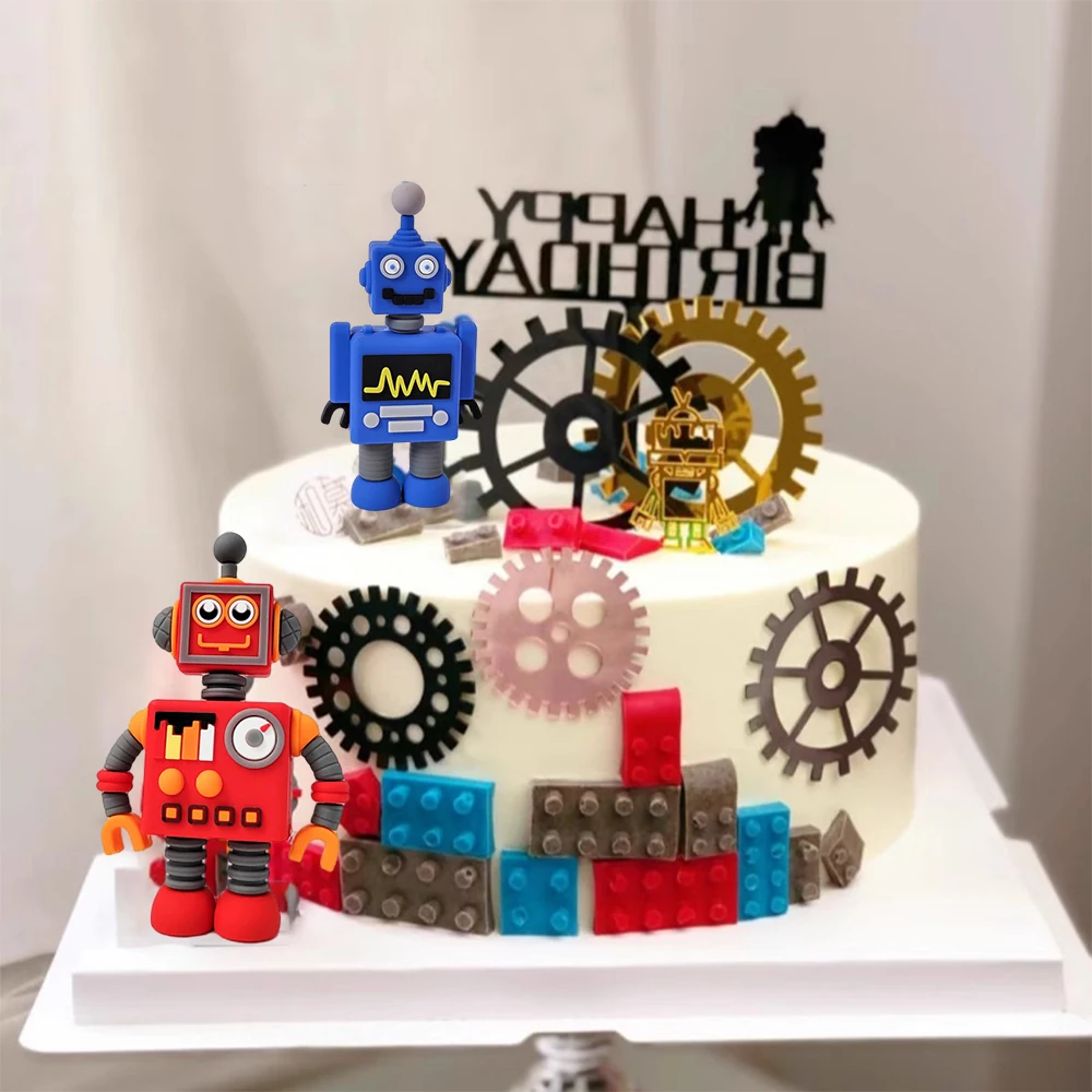 Roboter Gear Cake Topper Interaktive Roboter Dekor Alles Gute zum Geburtstag Jungen Party Cupcake DIY Roboter Thema Dekorationen Party Supplies – Detail 2