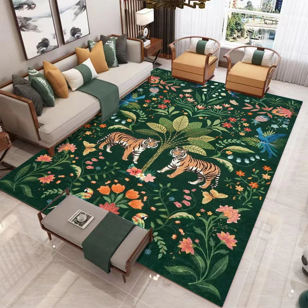 Vintage Jungle Tiger Floral Area Rug with Intricate Green Pattern Large Size Bohemian Luxury Living Room Decorative Carpet