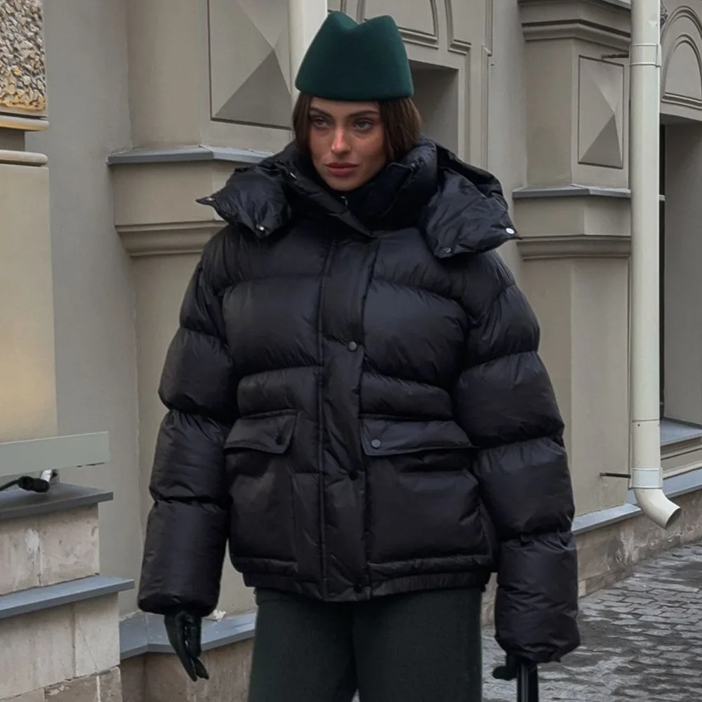 Black Quilted Coat Women Winter New Square Pocket Warm Hooded Puffer Jacket