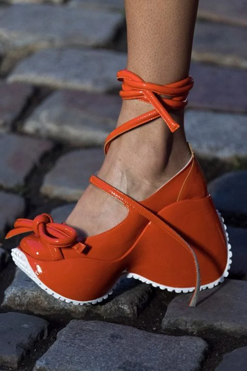 Avant Orange Lace-Up Platform Round-Toe Shoes Bow Decoration Straps Design Vibrant Color Women's Shoes for Street Style Looks