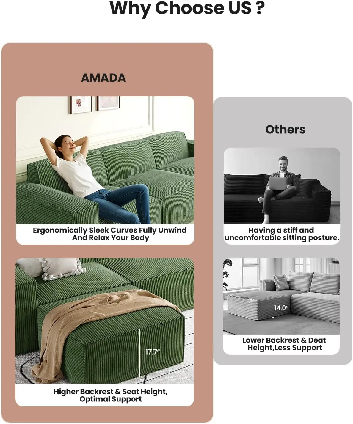 L Shaped Sofa Modular, Corduroy Clopud Couches with Deep Seats Upholstered Couches for Living Room Bedroom with Ottoman - view 5