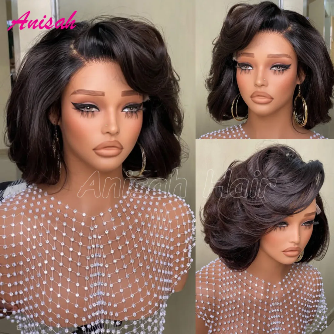 

Ombre Dark Brown Colored Short Bob Lace Front Human Hair Wigs For Women Natural Wave Dark Roots Glueless Lace Pixie Cut Wig