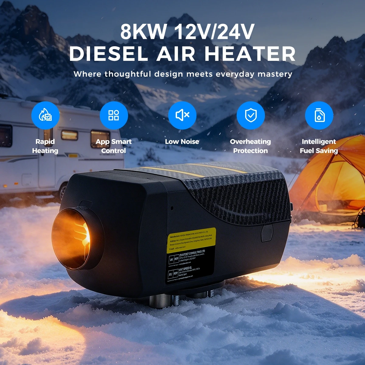 8KW Split Type Diesel Air Heater 12V 24V WiFi Bluetooth LCD Remote Control Portable Parking Heater Kit for Truck RV Camper Van Caravan Trailer