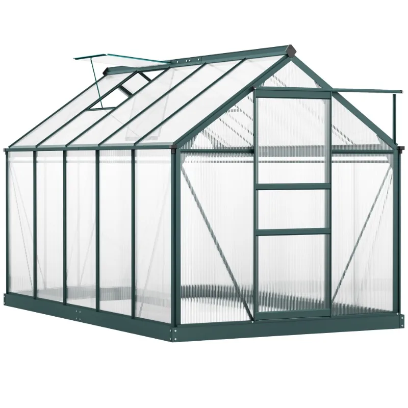 Large walk-in greenhouse with sliding doors and windows, garden basin house with aluminum frame and foundation, dark green