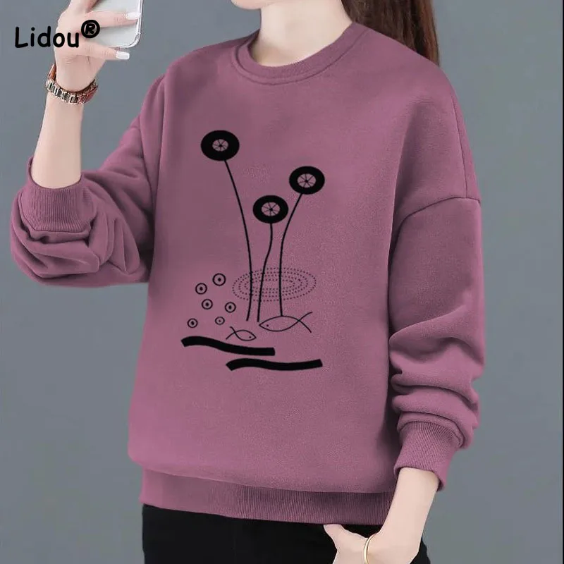 Autumn Winter Fashion Women\'s Thick Printed Round Neck Sweatshirts Casual Long Sleeve All-match Pullovers Tops Female Clothing