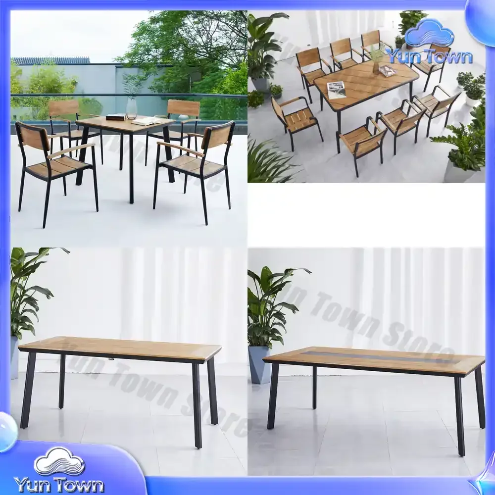 Modern Style Patio Waterproof Outdoor Dining Sets Teak Color Plastic Wood Tables Chairs For School Courtyard Or Restaurant
