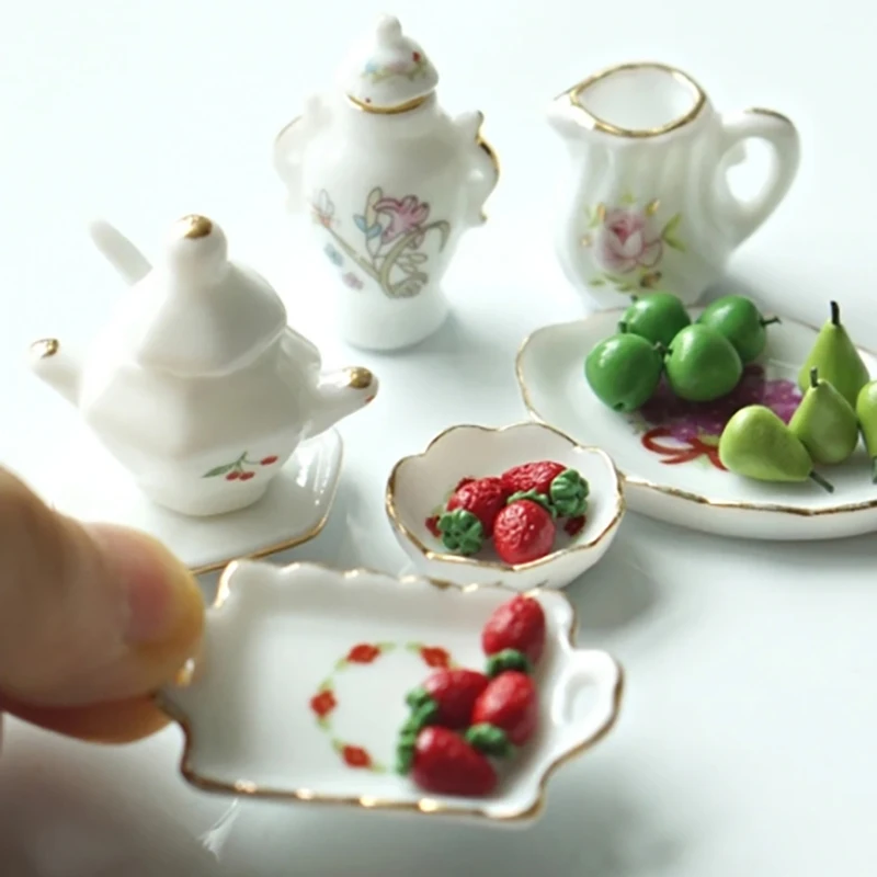 C 1Set Doll House Decoration Mini Ceramic Tea Kit Simulation Kettle Plate Model Toy 1:12 Dollhouse Miniature Accessories