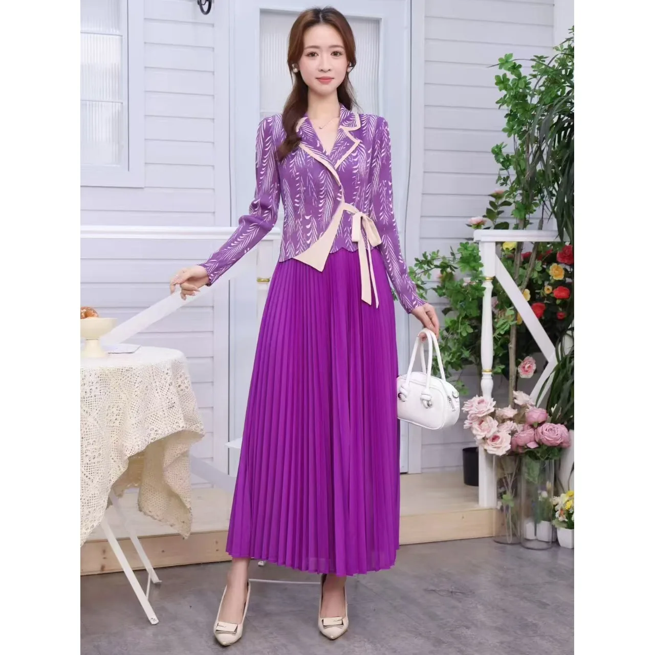 Ele Spring Wrap Dr con pliegues y pajarita Falda falsa de dos piezas Cintura elástica Poliéster Alto estiramiento para todas las estaciones Dr