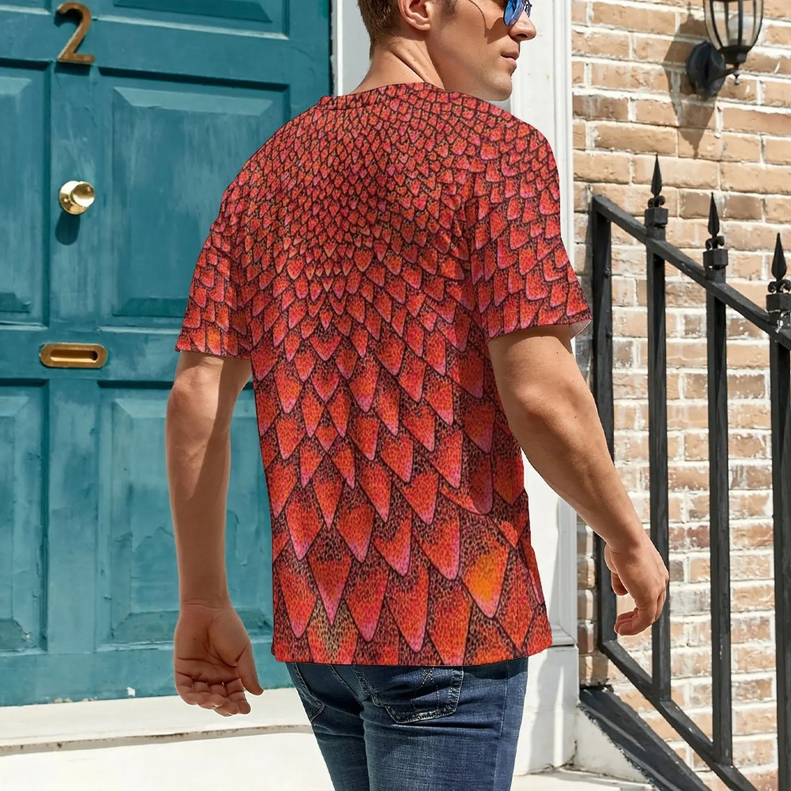 Red Orange Feather Print T-Shirt  Fashion T-Shirts Couple Streetwear Tshirt Summer Short-Sleeved Top Tees Big Size 5XL 6XL