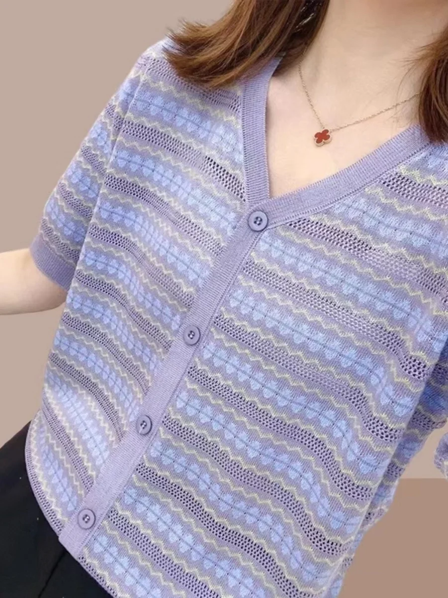 

Summer Ice Silk Knitted ort Sve T-irt Women's Loose Slimming Faionable Top Korean Sle V-Ne Button-Up Thin Cardigan