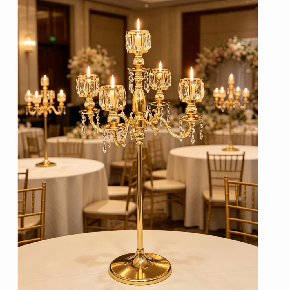 

10pcs New Design Gold glass crystal Cylinder Flower Vase Metal Flower Stand Table Centerpieces for Wedding Decoration