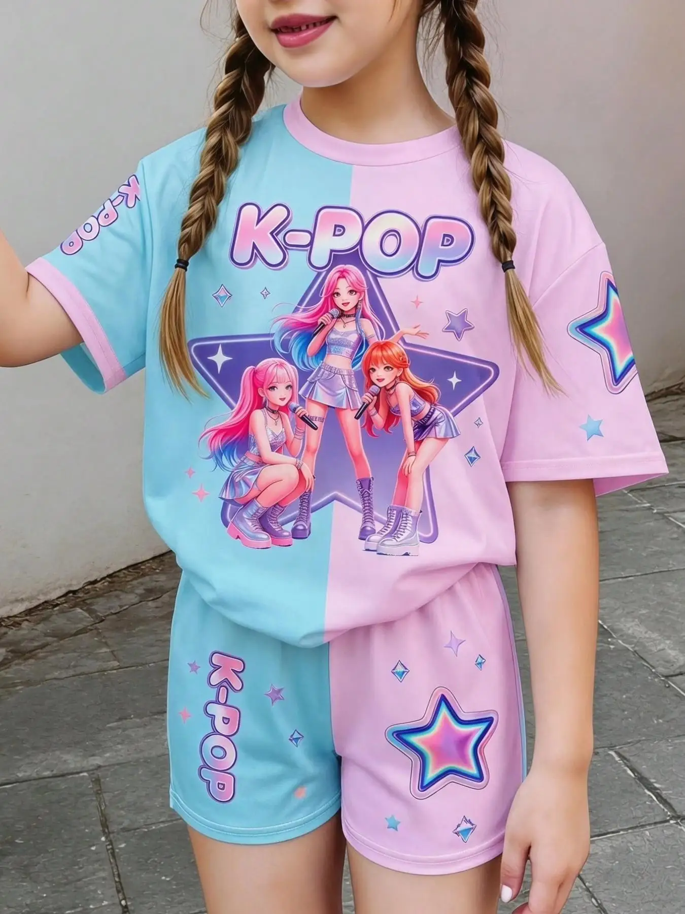 Two-piece set for girls featuring an anime idol print; includes a color-block short-sleeve T-shirt and shorts—a Y2K-style summer