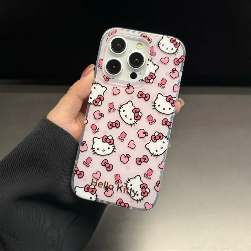 Sanrio Hello Kitty Full Screen KT Bow Love Phone Case For iPhone 16 15 14 13 12 11 Pro Max XR XS MAX 7 8Plus Y2K Pink Girl Cover