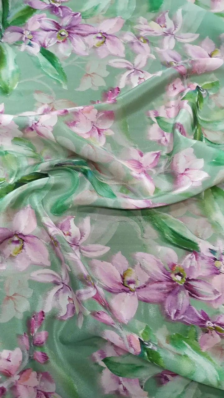 luxury 100% Mulberry silk satin fabric crepe de china green pleated minkys floral fabrics flower print crinoline cloth Wholesale