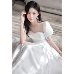 French Women's Satin Bridesmaid Gown Solid Beaded Perspective Sweetheart Collar Knee Length Dresses Elegant Female Evening Dress