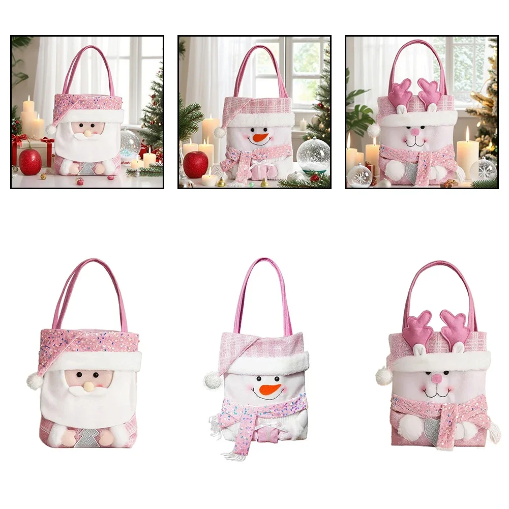 

Fabric Christmas Bag Featuring Cartoon Doll And Pink Beads Handheld For Easy Carrying During Holiday Celebrations