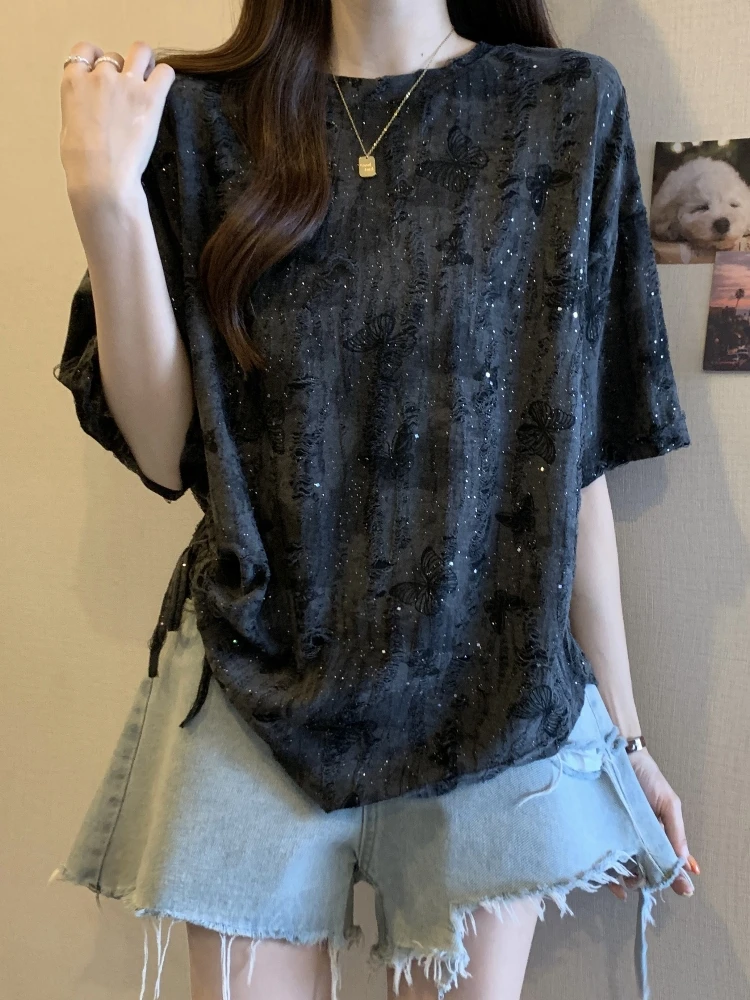 

American Retro Short Sleeve T-Shirt Women Summer plus Size Flattering Design Drawstring Slit Base Top Korean Style Loose Fit