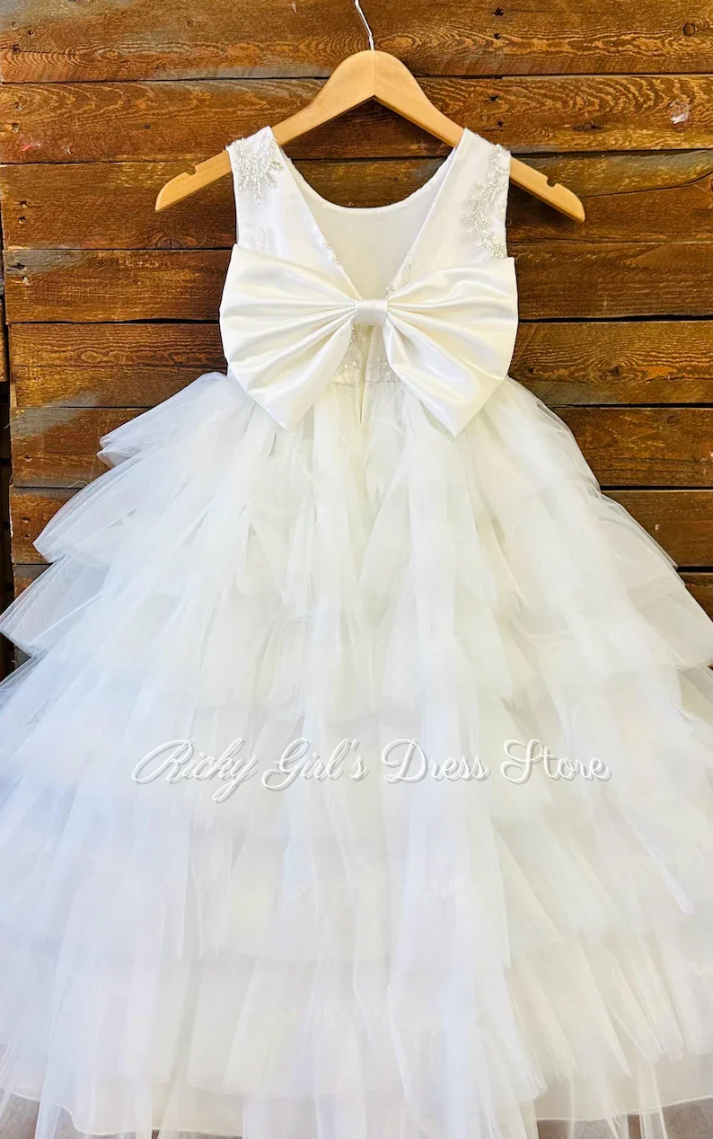 Ivory Tulle Ruffle Layered V Neck Beaded Flower Girl Dress For Wedding Ceremonies Holiday Celebrations Birthday Party Parties