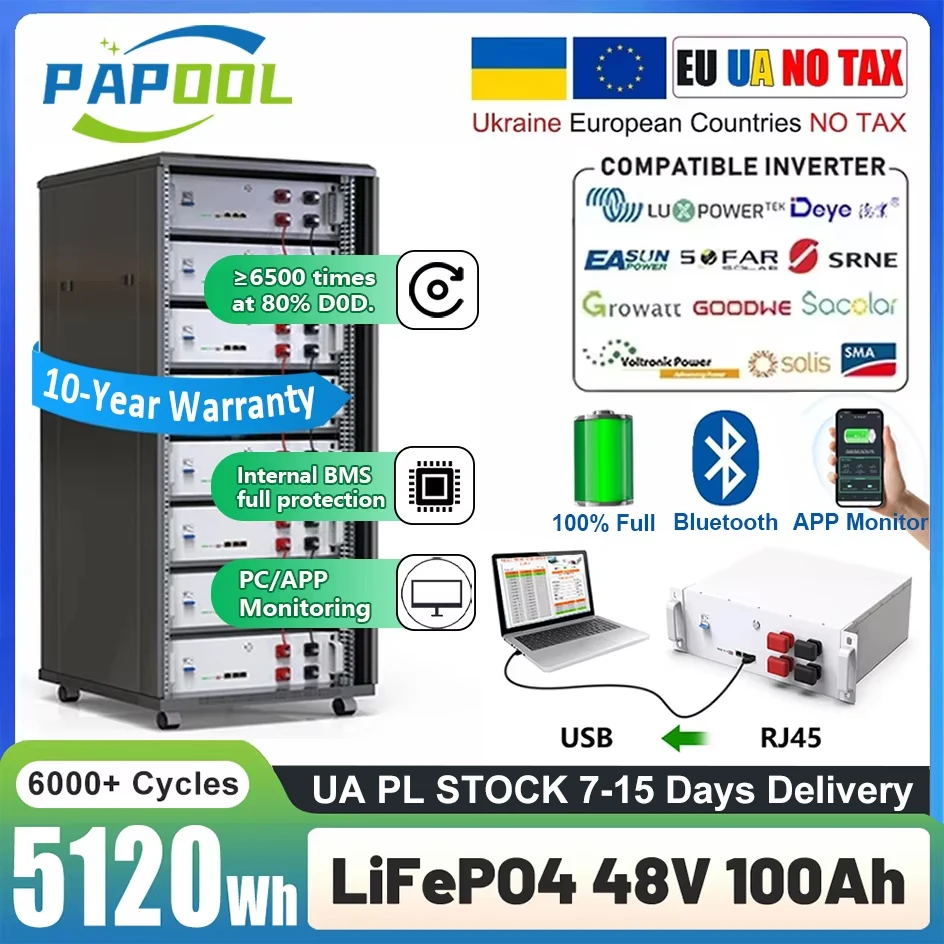 バッテリーパックLiFePO448 V, 100Ah, 200Ah,5kwh,10kwh,6000サイクル,Bluetooth, 16s,bms,rs485,缶,PCモニター,120Ah, 150Ah, 300Ah, EU英国在庫