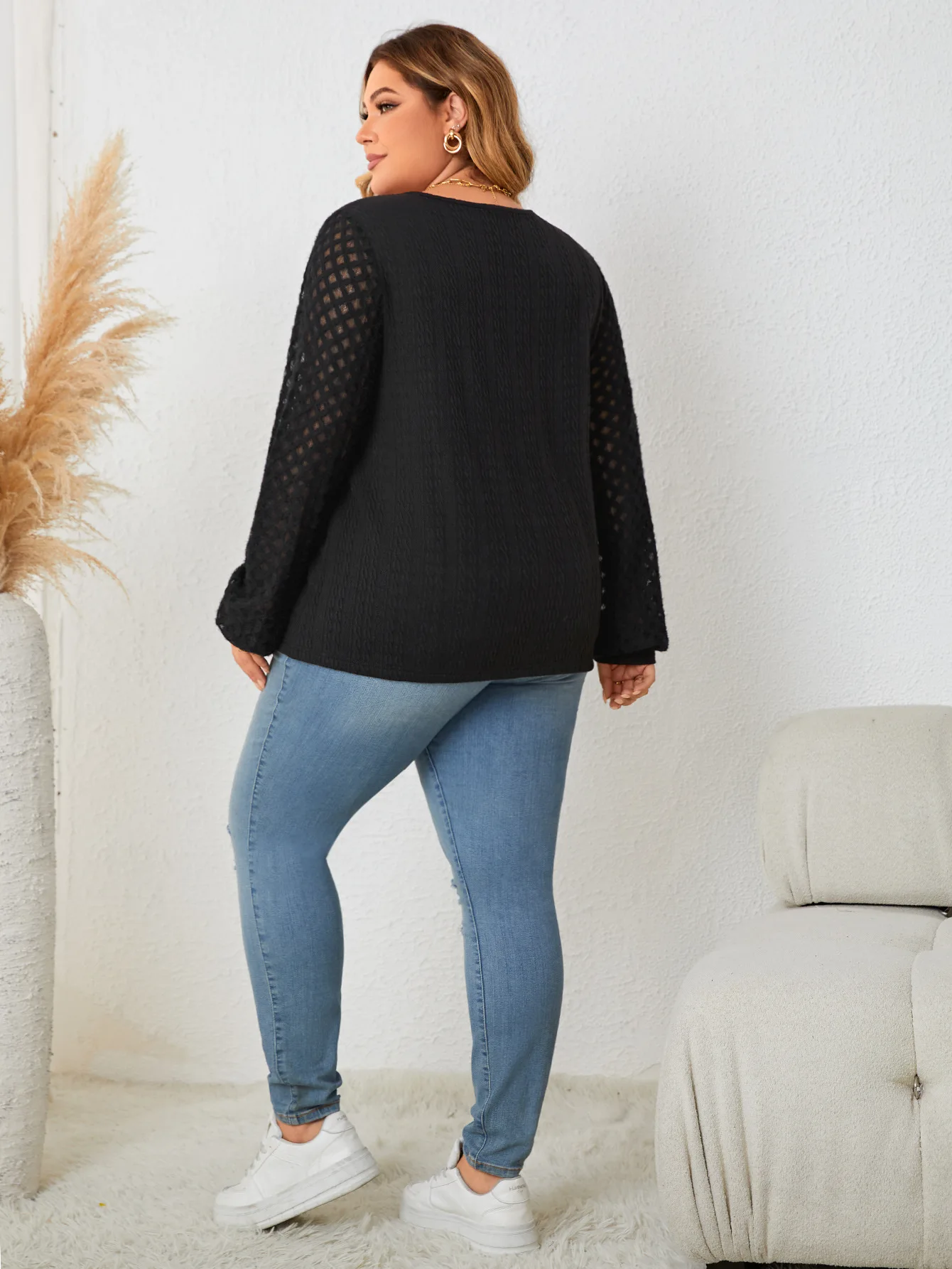 Dames Grote maten Zwart V-hals Knoopdetail Kant Paneel Lange mouw Losvallend Casual Dagelijks Mode T-shirt Top