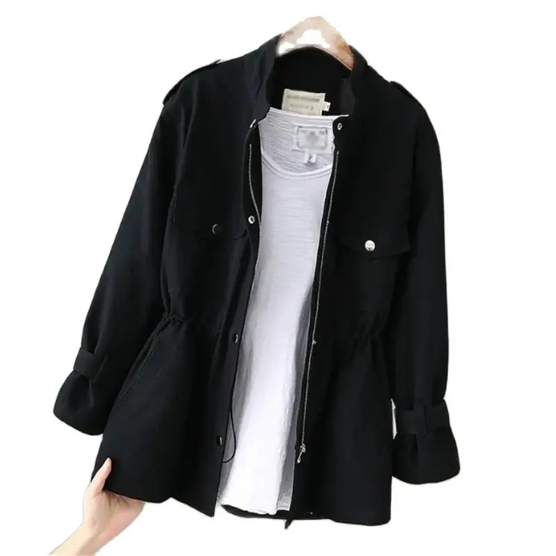 

Spring Autumn Windbreakers Women 2023 New Loose Stand-Up Collar Trench Coat Fashion Pocket Outerwear Pure Colour Jackets Female