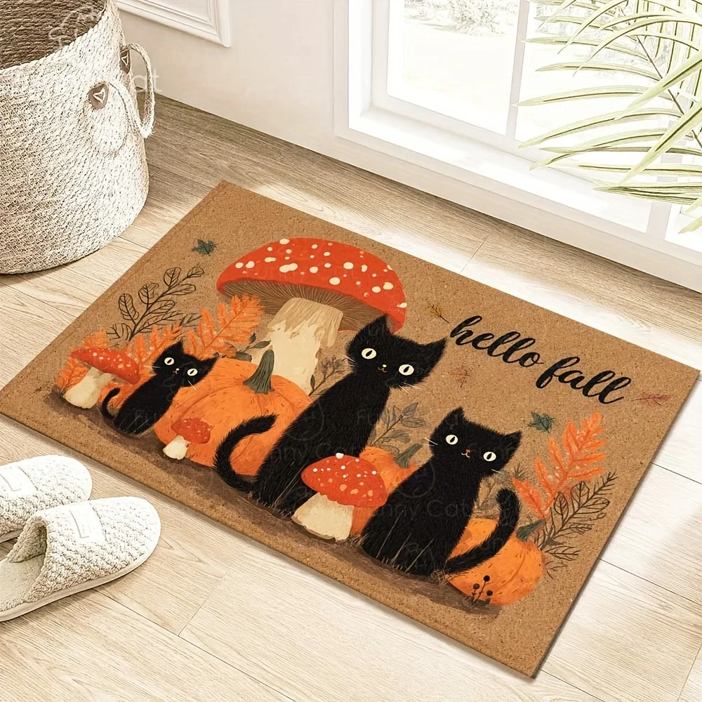 Autumn Black Cat Pumpkin Mushroom Hello Fall Flannel Doormat, Seasonal Cute Design Anti-Slip Absorbent Rug for Front Door &