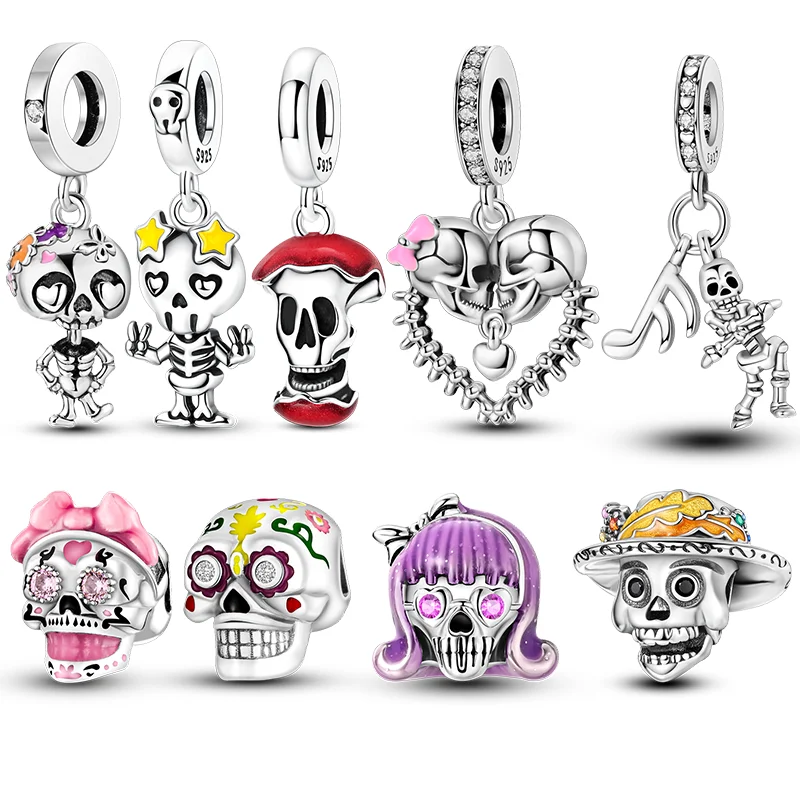 Original 925 Sterling Silber Charms Perle CZ Zirkon Schädel Baumeln Fit Armband DIY Frau Schmuck Geschenk Für Freund