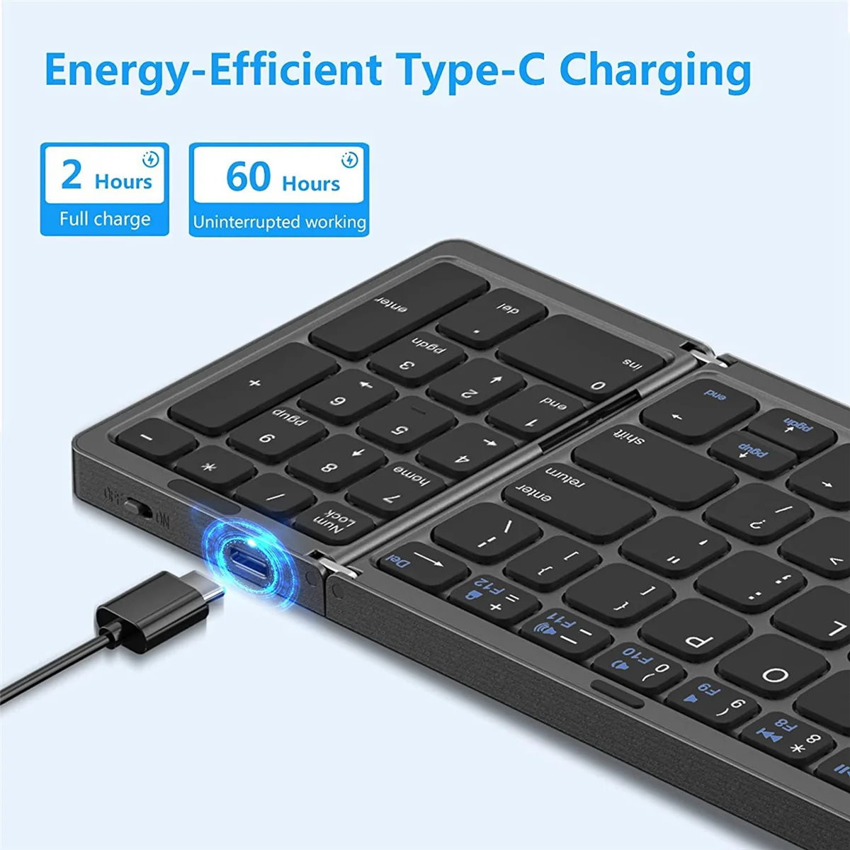 Складная Bluetooth-клавиатура, USB-перезаряжаемая Беспроводная клавиатура для IOS, Android, Windows, ПК, ноутбука, смартфона-черная