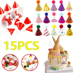 15Pcs/set Mini Birthday Hat Cake Toppers Christmas DIY Decoration Halloween Birthday Cake Top Flages Baby Shower Cupcake Toppers