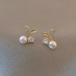 2023 New Design Petite Delicate Pearl Cherry Stud Earrings For Women Cute Zircon Rhinestone Bowknot Earring Jewelry Gifts