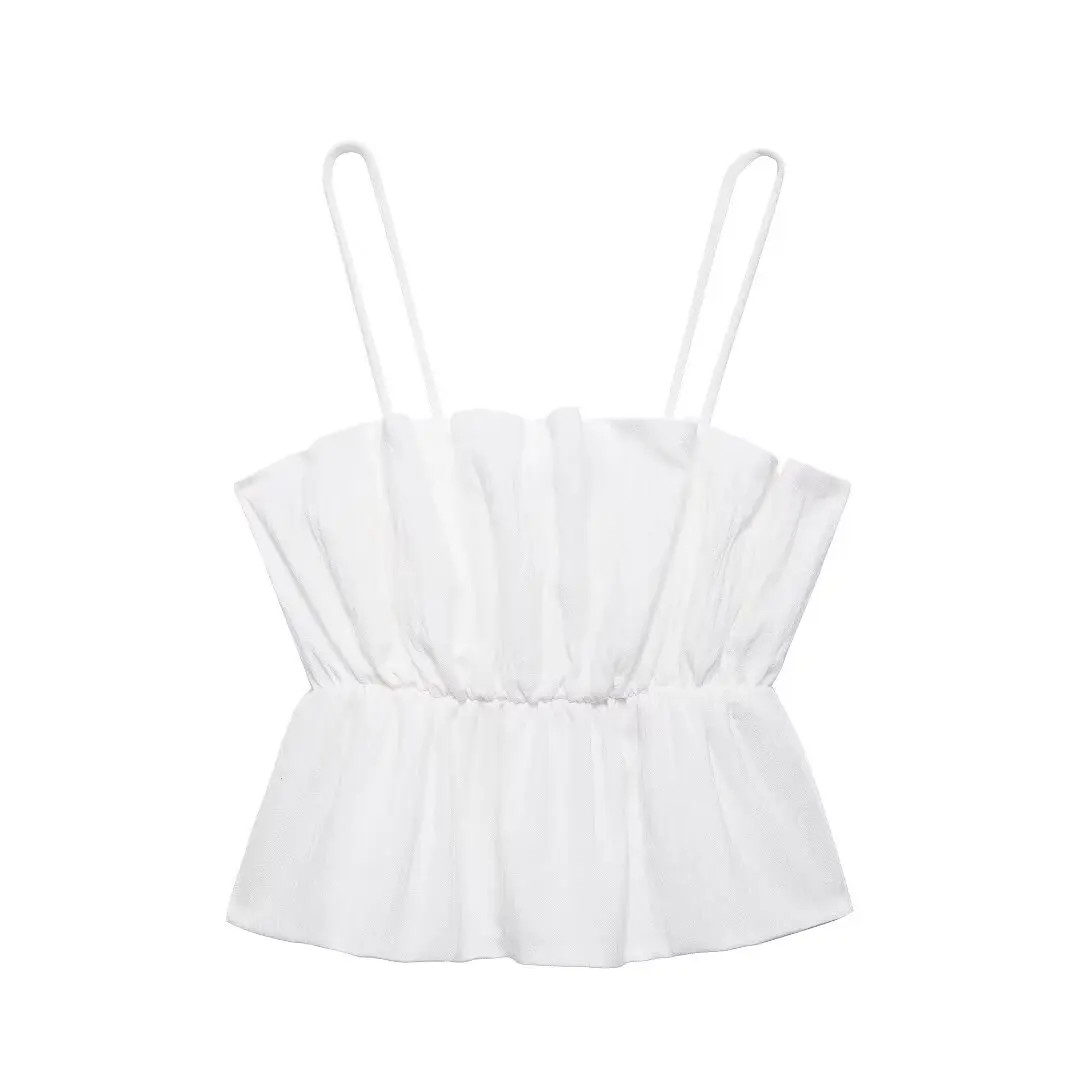 Tangada 2024 Summer Women White Pleated Crop Tank Female Backless Camis 3H0499