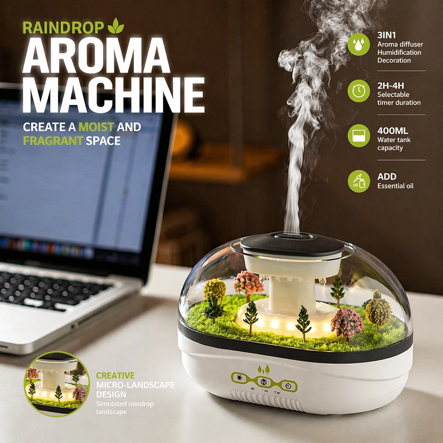 Raindrop Aroma Humidifier, 400ml, 2H/4H Timer, Warm Light, Essential Oil Diffuser, Quiet, Christmas Miniature Landscape Decor