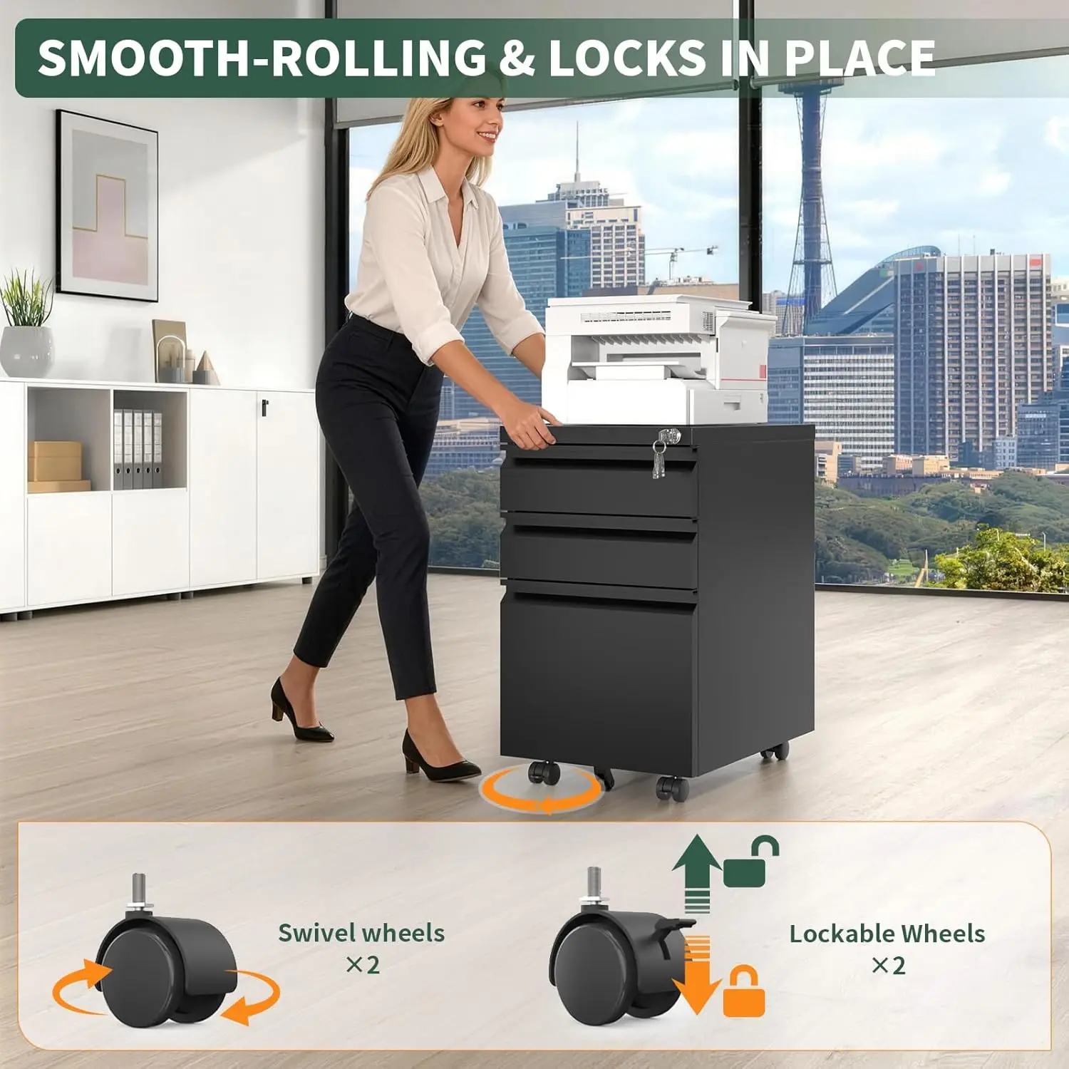 3 Drawer File Cabinet with Lock,Under Desk Rolling Small Filing Cabinet for Home Office Storage,Mobile Steel, Customized