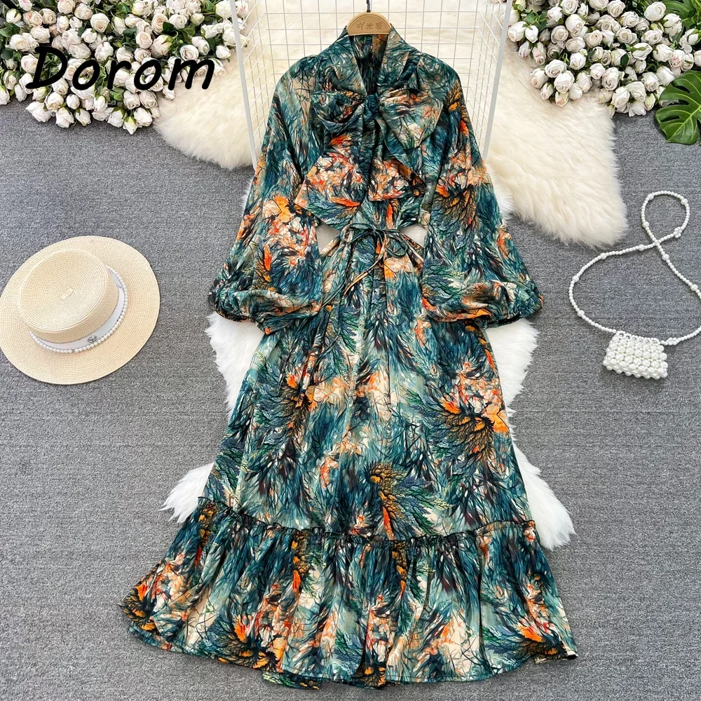 Vintage Green Floral Print Ruffle Dress Women Spring Summer Korean Style Stand Collar Chiffon Dress Female Elegant Party Vestido