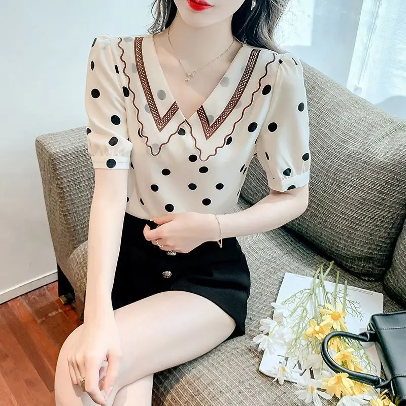 Floral Chiffon Thin Blouse Summer New Short Sleeve Polka Dot Loose Printing Elegant Shirt Tops Fashion Sweet Women Clothing