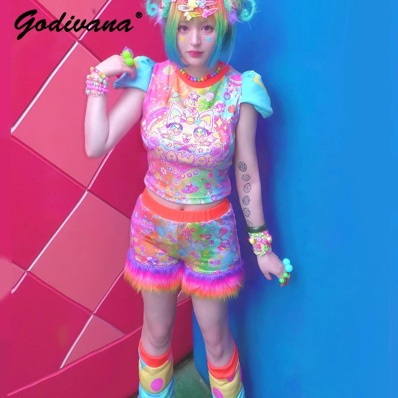 

Harajuku новая радужная милая женская футболка с принтом кота для девочек с короткими рукавами, меховые шорты Kawaii, пышные гетры, одежда Cos