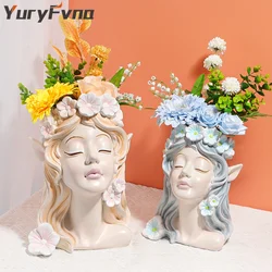 YuryFvna 북유럽 수지 꽃병, 요정 천사 인간 머리, 추상 하프 바디 배열 분재 얼굴, 현대 가정 장식