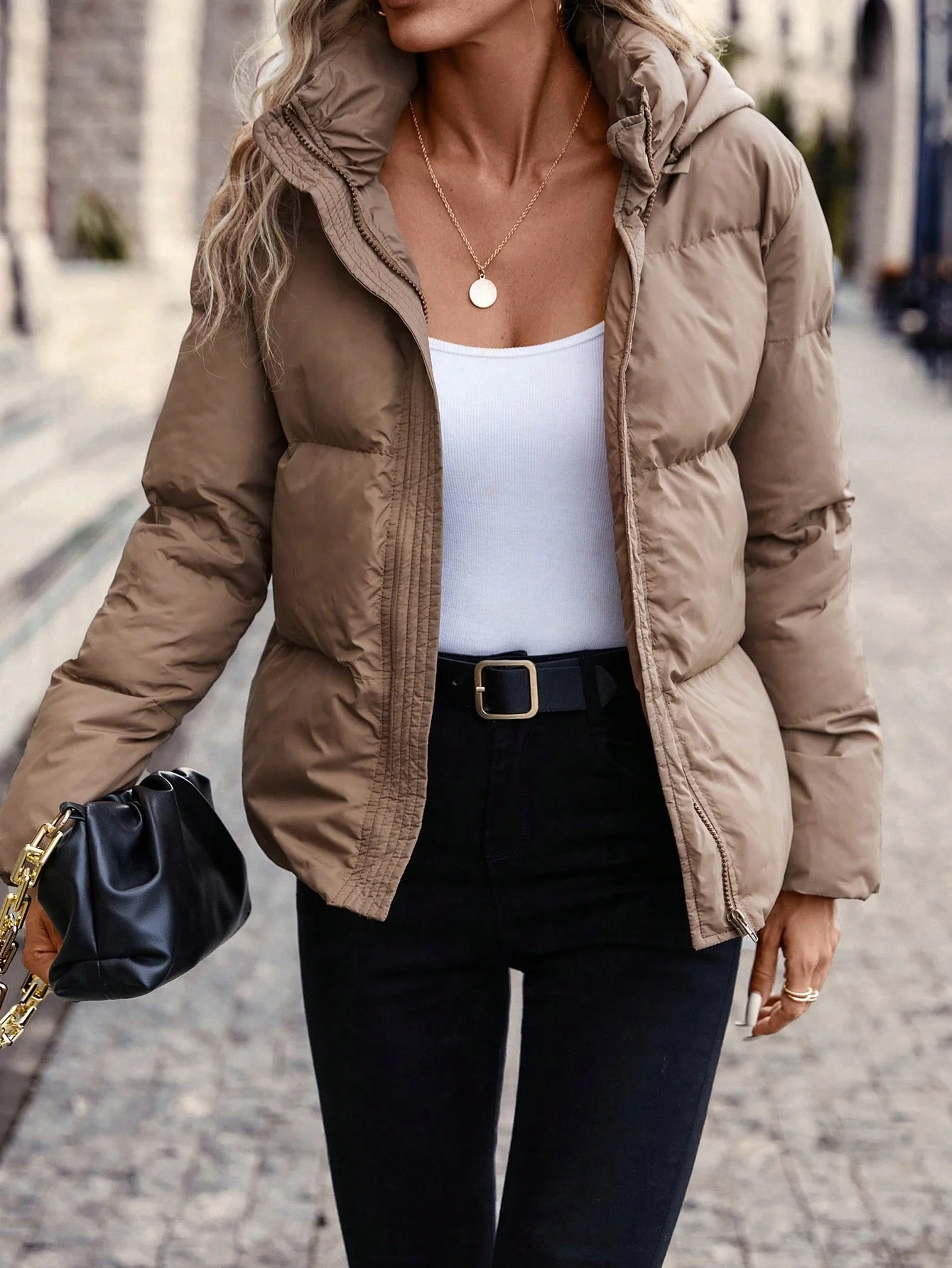 Autumn and winter ladies coat cotton coat bread coat trim waist belt bow hooded cotton coat pocket zipper cold cotton coat