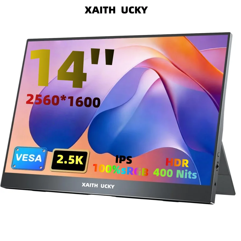 XAITHUCKY 14 Inch 2.5K Portable Monitor, 2560x1600 QHD IPS, 100% sRGB, USB-C HDMI, Built-in Stand & Speakers, VESA Mount, Eye Ca