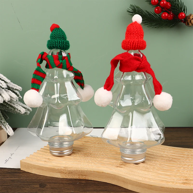 1Set 400ml Christmas Tree Plastic Bottles With Lid Creative Hat Scarf Decor Transparent Drink Beverage Container Party Decor