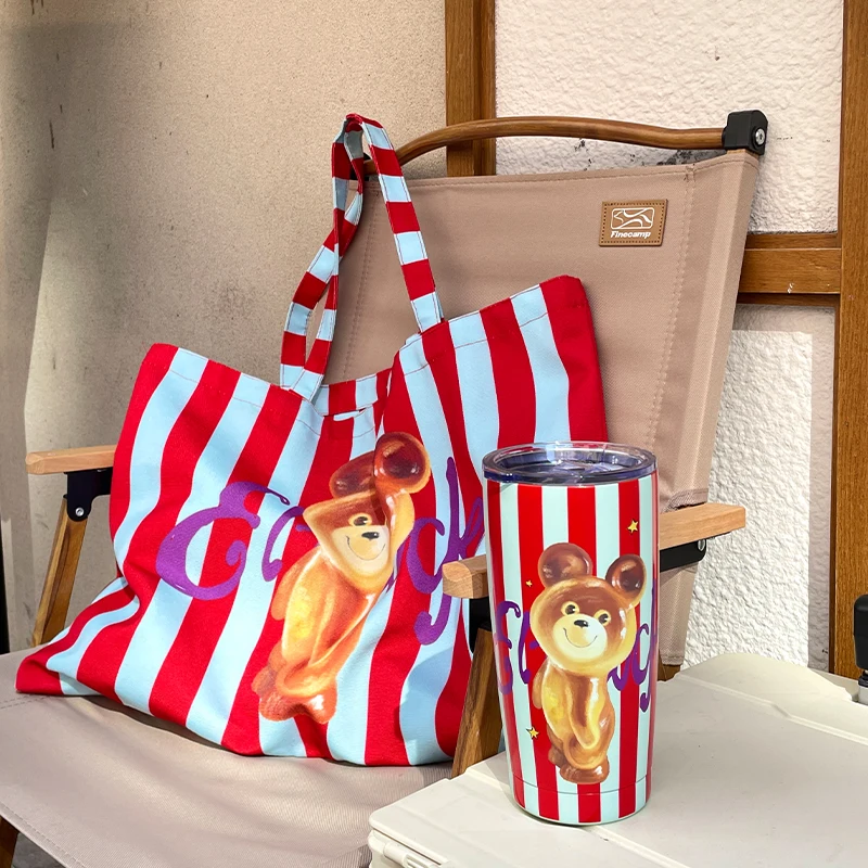 Striped Bear Print Stainless Steel Travel Mug Cup