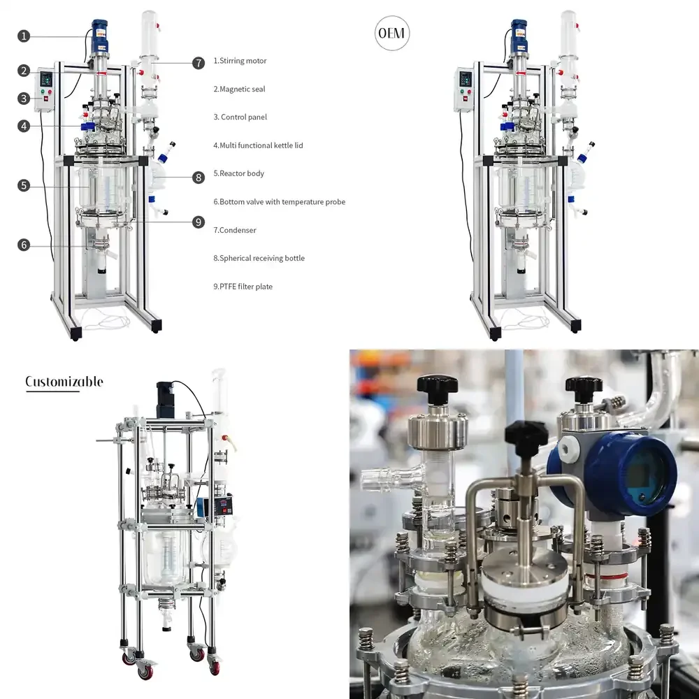 

High-Pressure Glass Reactor Automatic 5L-200L Jacketed Reaction Kettle with PLC Motor Pump Pressure Vessel Core Components