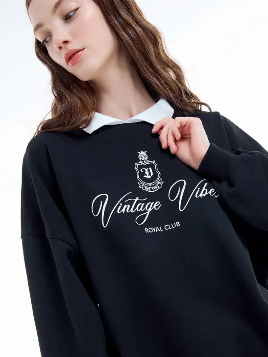 Preppy College Lady Crew Neck Lapel Sweatshirt Retro Badge Printed Long Sleeve Pullover Autumn Winter Loose Sport Preppy-style
